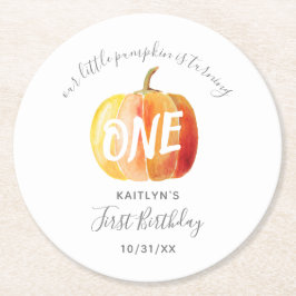 Posavasos Redondo De Papel Pequeña Calabaza Primer Cumpleaños