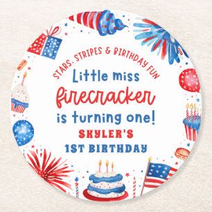 Posavasos Redondo De Papel Pequeña Miss Firecracker el 4 de julio