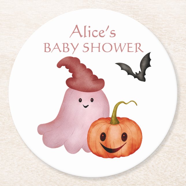 Posavasos Redondo De Papel Pequeño Boo Fantasma Halloween Baby Shower (Anverso)