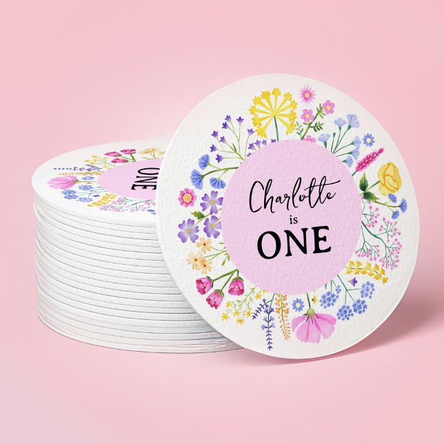 Posavasos Redondo De Papel Pequeño Chica de Flores Silvestres Primera Feria d (Spring Wildflowers Girl's First Birthday Round Paper Coaster)