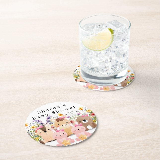 Posavasos Redondo De Papel Pequeños animales y flores silvestres Baby Shower (In situ)