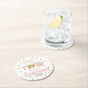 Posavasos Redondo De Papel Pequeños Chicas de calabaza Segundo cumpleaños