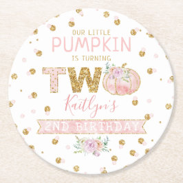 Posavasos Redondo De Papel Pequeños Chicas de calabaza Segundo cumpleaños