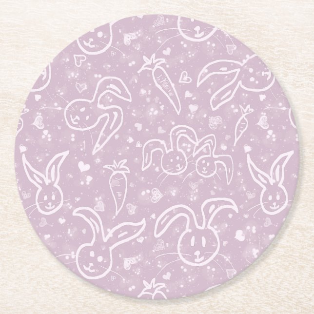 Posavasos Redondo De Papel Pequeños corazones y conejitos - patrón transparen (Anverso)