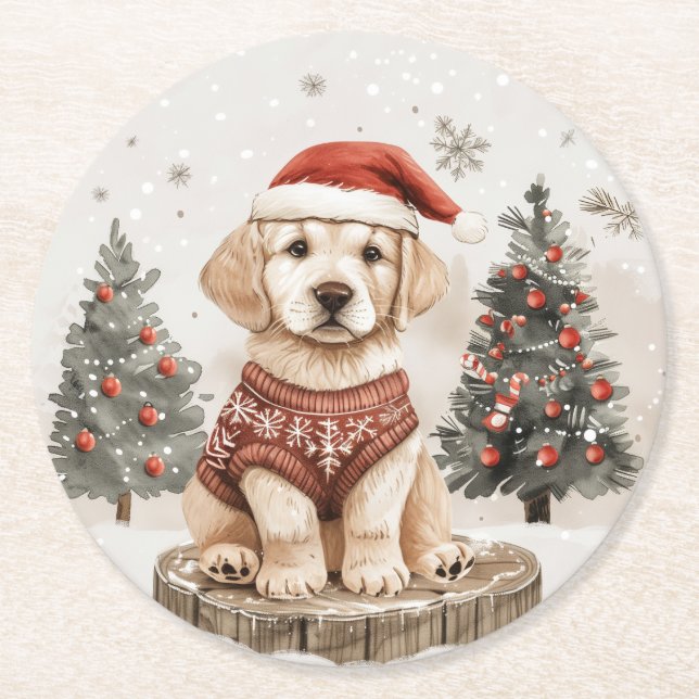 Posavasos Redondo De Papel Perro de Navidades recuperadores de Labrador (Anverso)