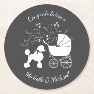 Posavasos Redondo De Papel Perro de perro de caniche francés Baby Shower gris