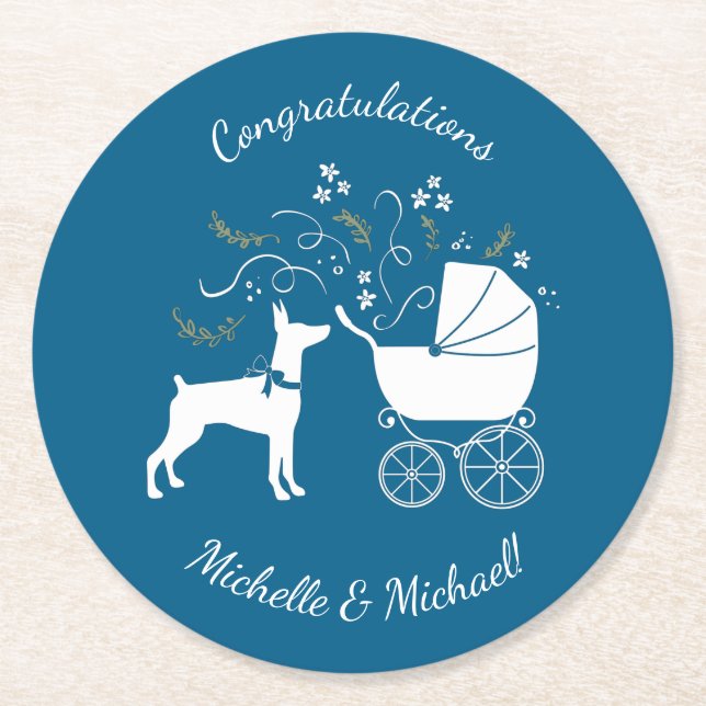 Posavasos Redondo De Papel Perro Doberman Baby Shower Puppy Dobie Pinscher (Anverso)