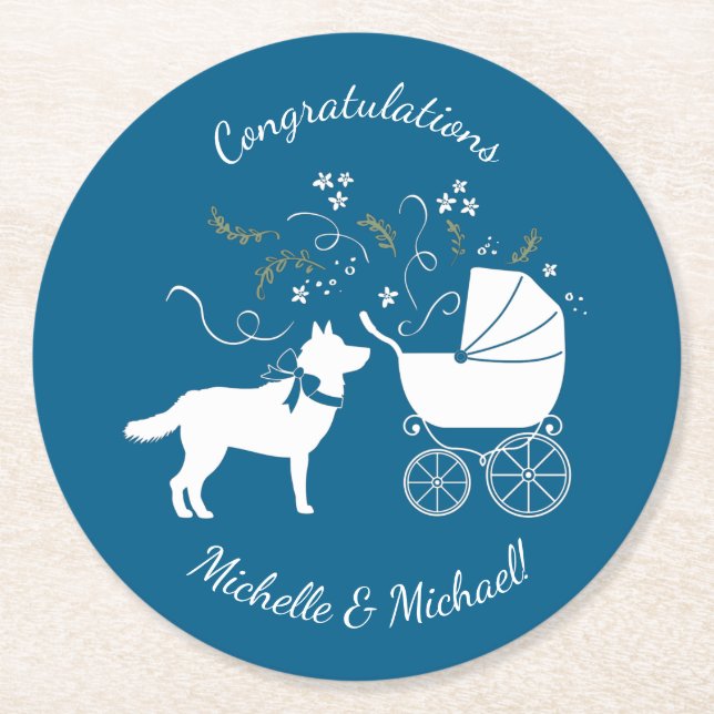 Posavasos Redondo De Papel Perro Husky Siberiano Baby Shower Puppy Blue Boy (Anverso)