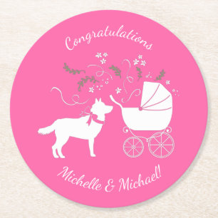 Posavasos Redondo De Papel Perro Husky Siberiano Perro Baby Shower Cuppy Blue