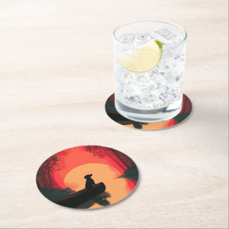 Posavasos Redondo De Papel Perro negro de Labrador minimalista al atardecer