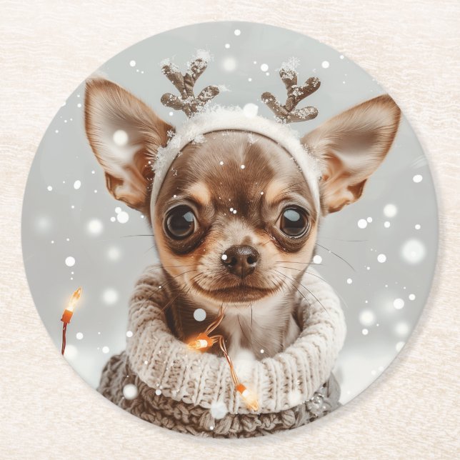 Posavasos Redondo De Papel Perro reno chihuahua navidades (Anverso)