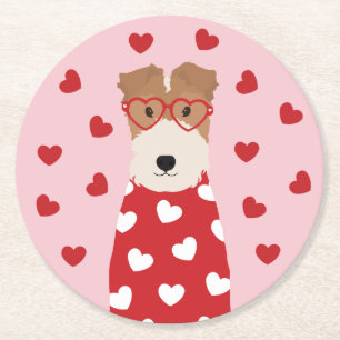 Posavasos Redondo De Papel Perro Wire Fox Terrier gafas de corazón rosa rojo