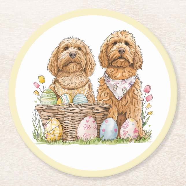 Posavasos Redondo De Papel Perros de Easter Goldendoodle (Anverso)