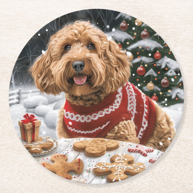 Posavasos Redondo De Papel Perros Goldendoodle de Navidad (Anverso)