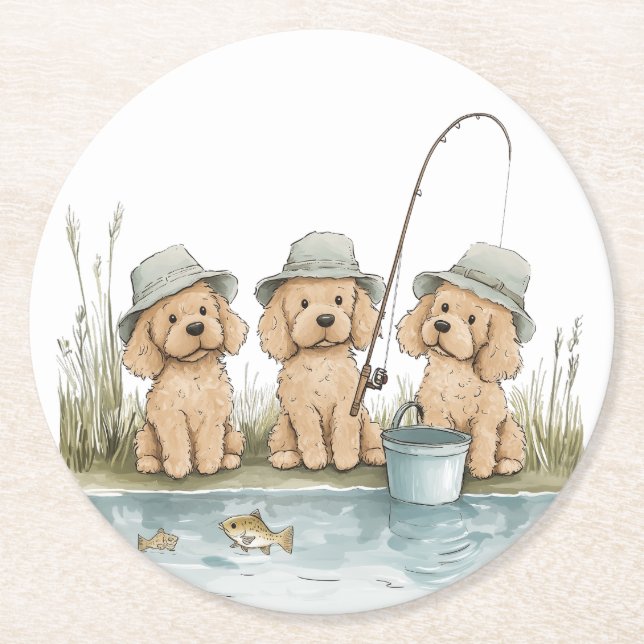 Posavasos Redondo De Papel Perros Goldendoodle pescando (Anverso)