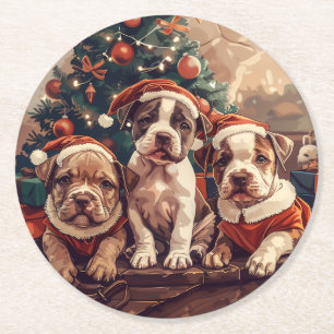 Posavasos Redondo De Papel Perros Pit Bull Cachorros de Navidad