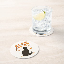 Posavasos Redondo De Papel Personalizable Gato Negro Cae conjunto de tiras de