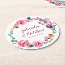 Posavasos Redondo De Papel Personalizado acuarela Flores de elegante matrimon