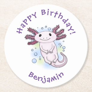 Posavasos Redondo De Papel Personalizado axolotópico rosa adorable
