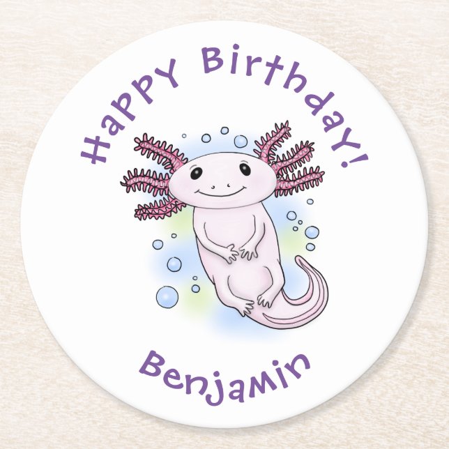 Posavasos Redondo De Papel Personalizado axolotópico rosa adorable (Anverso)