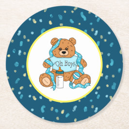Posavasos Redondo De Papel Personalizado azul y amarillo Teddy Bear Baby Show