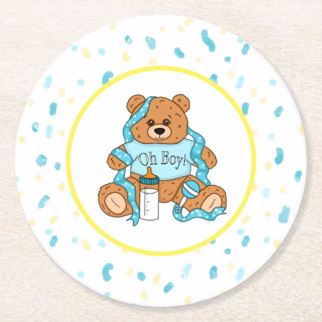 Posavasos Redondo De Papel Personalizado azul y amarillo Teddy Bear Baby Show (Anverso)
