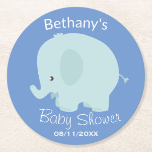 Posavasos Redondo De Papel Personalizado Baby Shower Cute Blue Elephant Boy