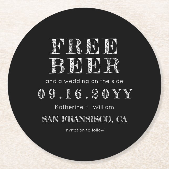 Posavasos Redondo De Papel Personalizado Chalkboard Free Beer Save The Date (Anverso)