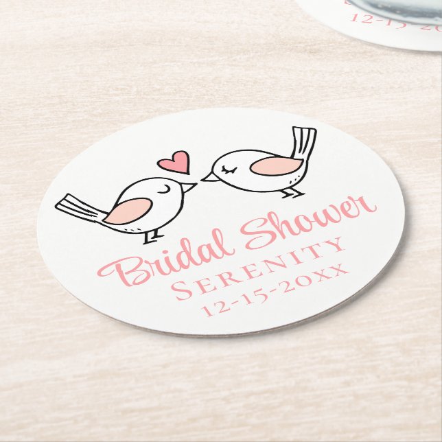 Posavasos Redondo De Papel Personalizado Cute Lovebirds Amor Aves Bridal Show (En perspectiva)