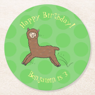 Posavasos Redondo De Papel Personalizado de alpaca marrón feliz