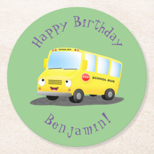 Posavasos Redondo De Papel Personalizado de autobús escolar alegre y amarillo