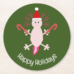 Posavasos Redondo De Papel Personalizado de Axolotl de Navidades Cute
