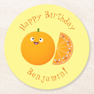 Posavasos Redondo De Papel Personalizado de cítricos de feliz naranja
