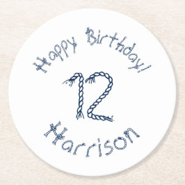 Posavasos Redondo De Papel Personalizado de cumpleaños blanco azul de cuerda 