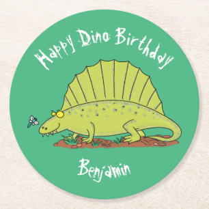 Posavasos Redondo De Papel Personalizado de dinosaurios verdes felices de Dim