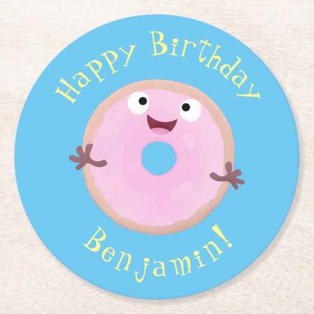 Posavasos Redondo De Papel Personalizado de donut rosa alegre y brillante (Anverso)