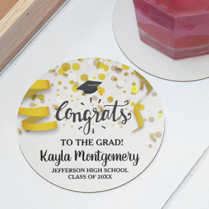 Posavasos Redondo De Papel Personalizado de Felicitaciones Grad Cap Gold Conf