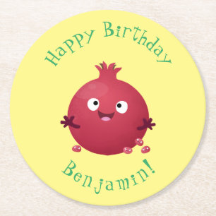 Posavasos Redondo De Papel Personalizado de frutas pomegranadas alegres