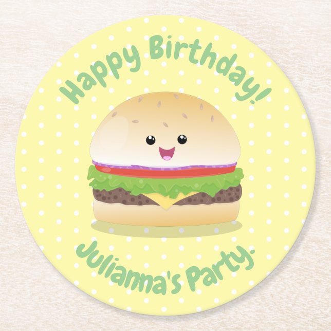 Posavasos Redondo De Papel Personalizado de hamburguesa kawaii feliz (Anverso)