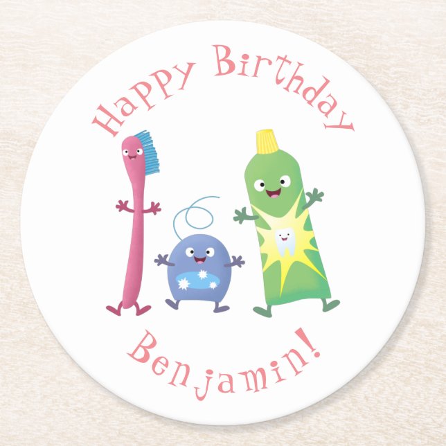 Posavasos Redondo De Papel Personalizado de hilo dental de cepillo de dientes (Anverso)