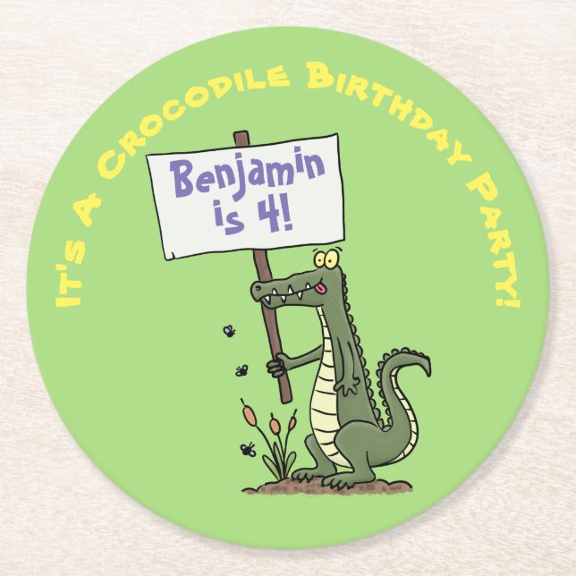 Posavasos Redondo De Papel Personalizado de humor de cocodrilo verde gracioso (Anverso)