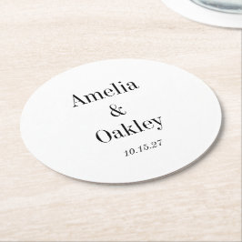 Posavasos Redondo De Papel Personalizado de matrimonio elegante blanco básico