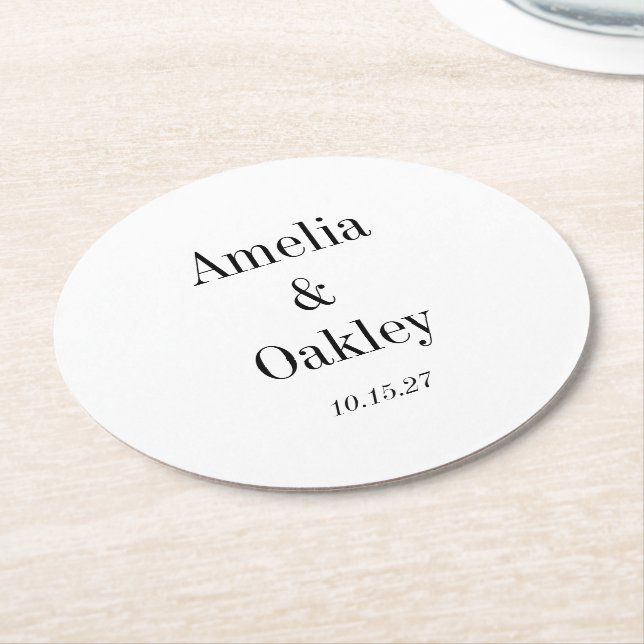 Posavasos Redondo De Papel Personalizado de matrimonio elegante blanco básico (En perspectiva)