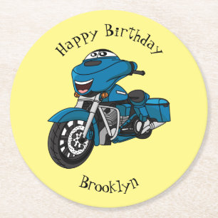 Posavasos Redondo De Papel Personalizado de moto azul feliz