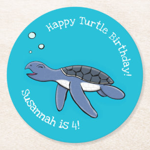 Posavasos Redondo De Papel Personalizado de natación de tortuga marina feliz 