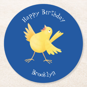 Posavasos Redondo De Papel Personalizado de pájaro canario amarillo cantando 