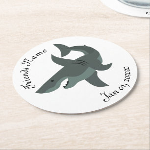 Posavasos Redondo De Papel Personalizado de un asustado gran tiburón