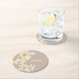 Posavasos Redondo De Papel Personalizado Floral de Margaritas Marrón