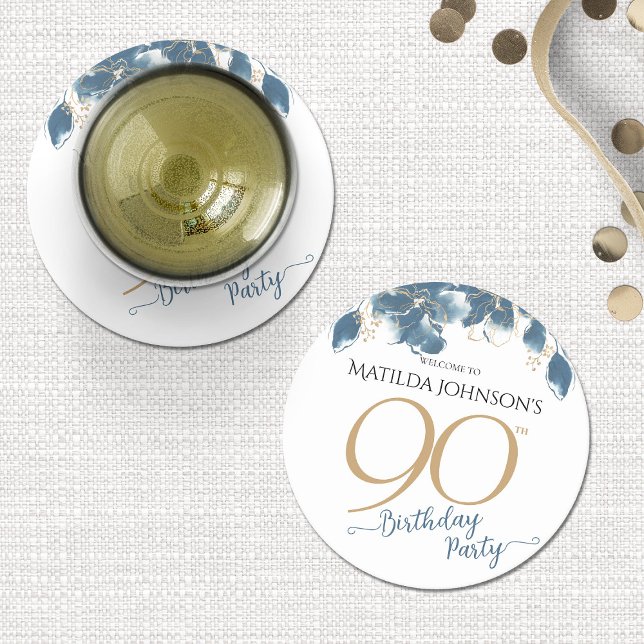 Posavasos Redondo De Papel Personalizado Floral de Oro Azul 90 cumpleaños (Blue Gold Floral Custom 90th Birthday Party Round Paper Coaster)