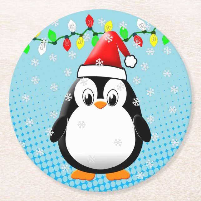 Posavasos Redondo De Papel Personalizado lindo Navidades de pingüino de Santa (Anverso)